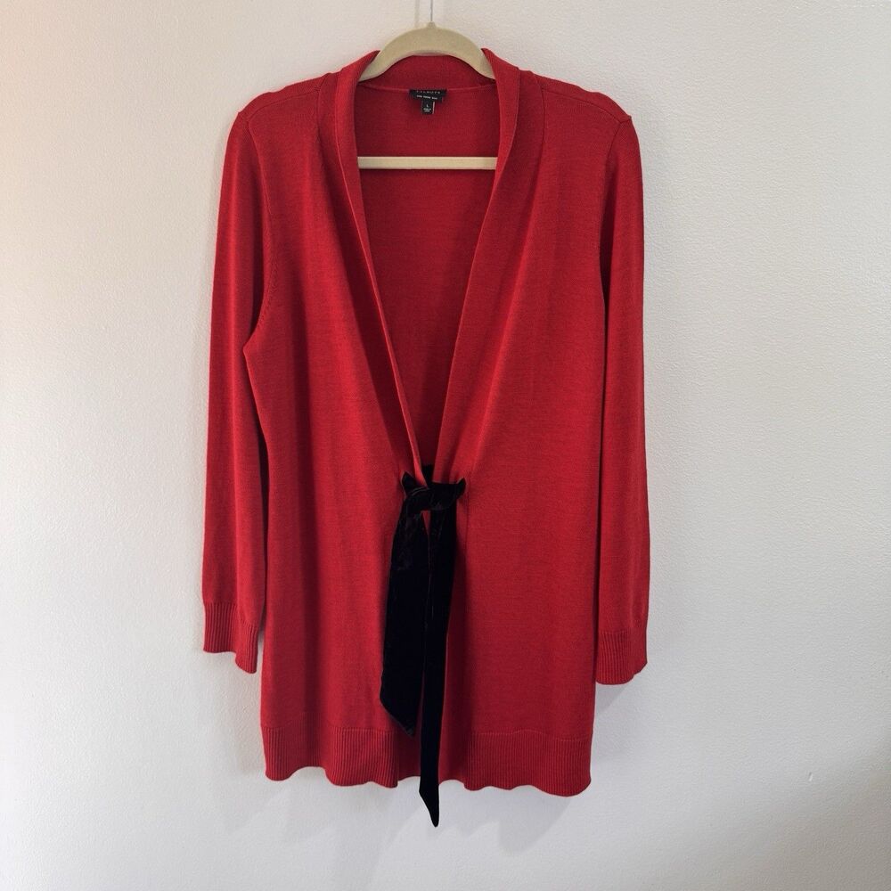 Talbots Sweater Cardigan L 100% Merino Wool Red Black Velvet Holiday Christmas